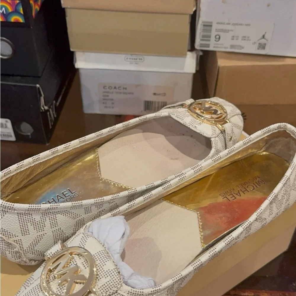 Michael Kors Cream Logo Ballet Flats with Gold MK Emblem
